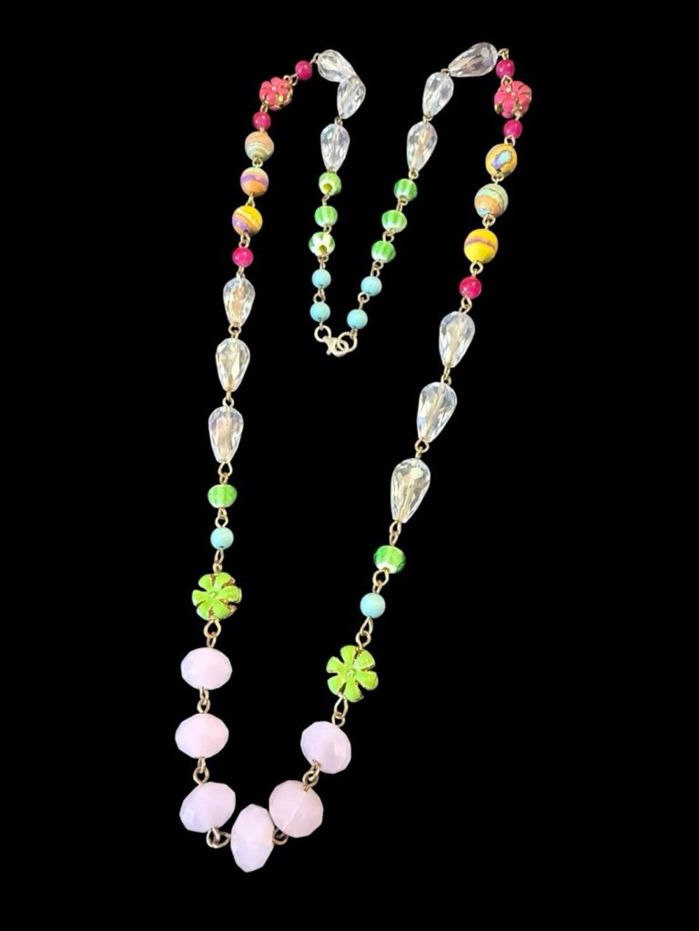 Vintage Sterling 925 Pastel Crystal Art Glass Beaded Station Statement Necklace